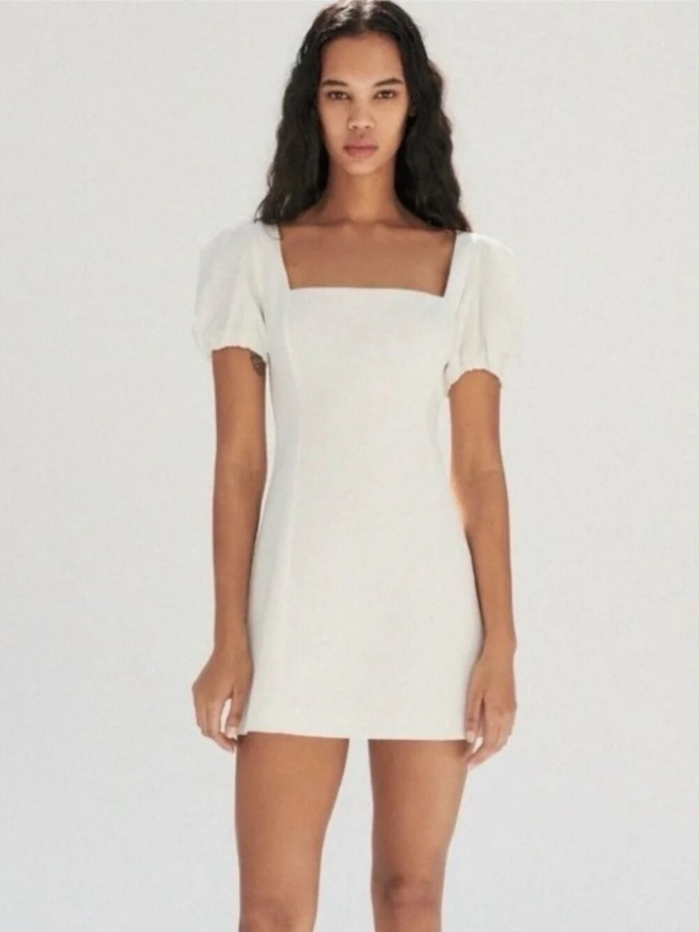 NWT Zara Linen Blend Balloon Sleeve Square Neck Dress | Lace-Up Back | Size L